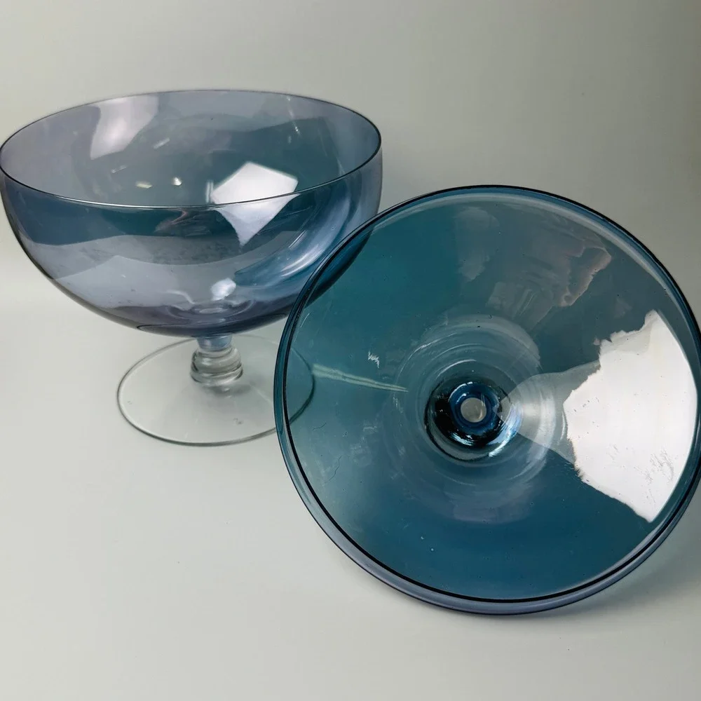 Vintage Empoli Style Blue Blown Glass Covered Compote Pedestal Candy Dish MCM